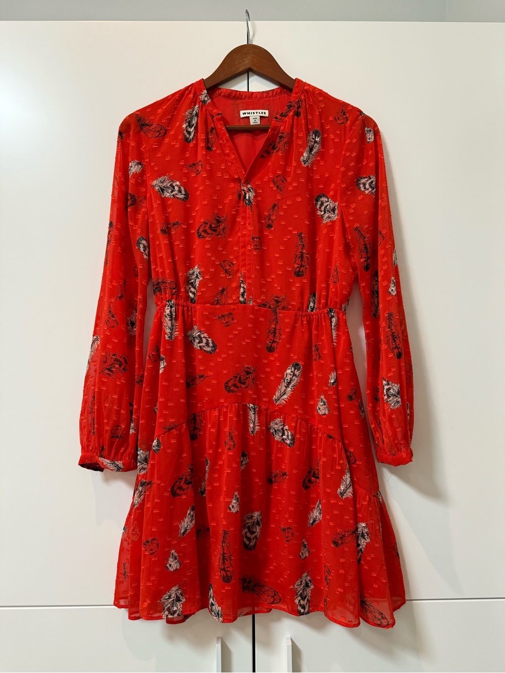 Whistles - Red Feather Print Long-Sleeve Dress
